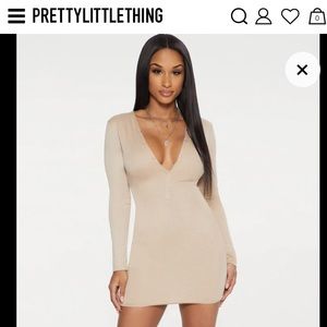 PrettyLittleThing Stone Beige Ponte Second Skin Button Down Bodycon Dress US6